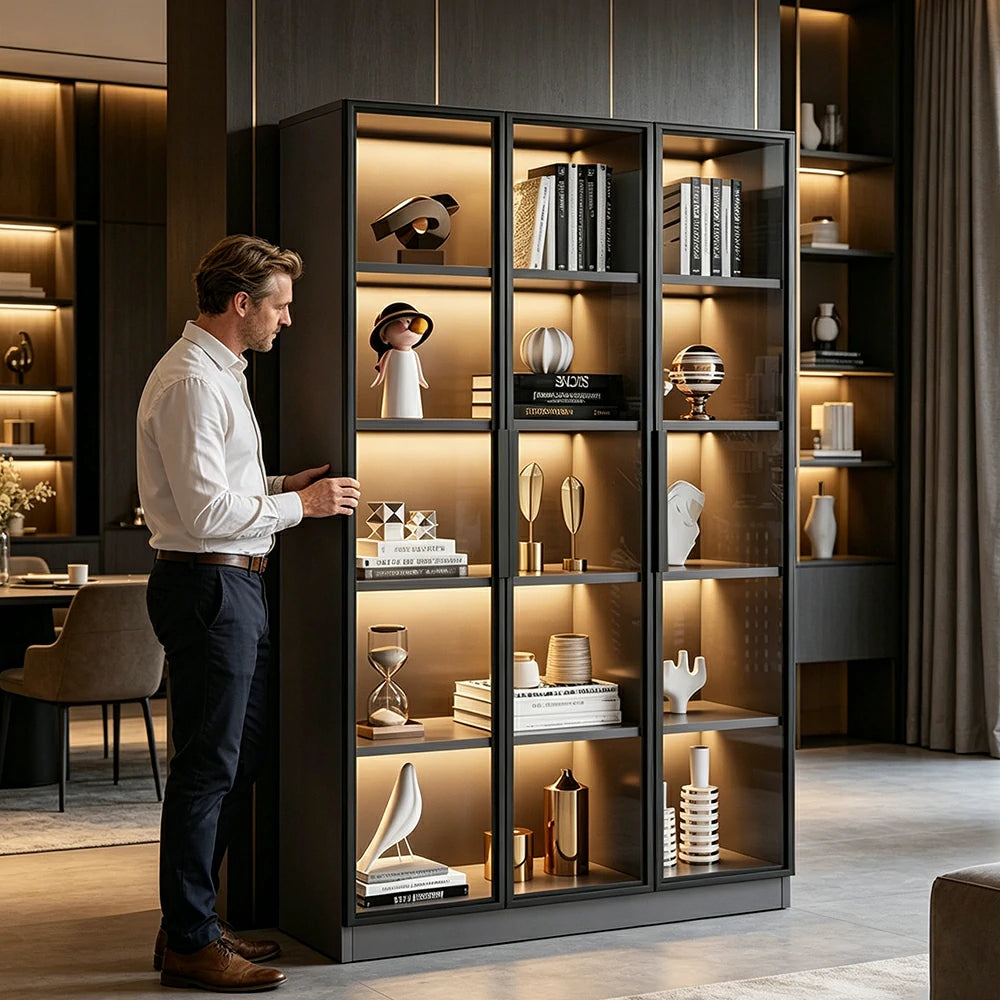 LIVARA 90/120cm 5-Tier Display Cabinet - Triple Door Tempered Glass Storage with LED Lighting for Living Room - Light Grey