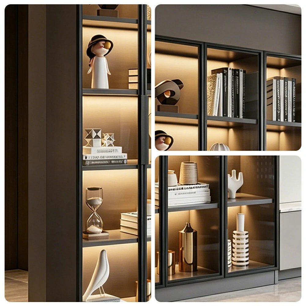LIVARA 90/120cm 5-Tier Display Cabinet - Triple Door Tempered Glass Storage with LED Lighting for Living Room - Light Grey