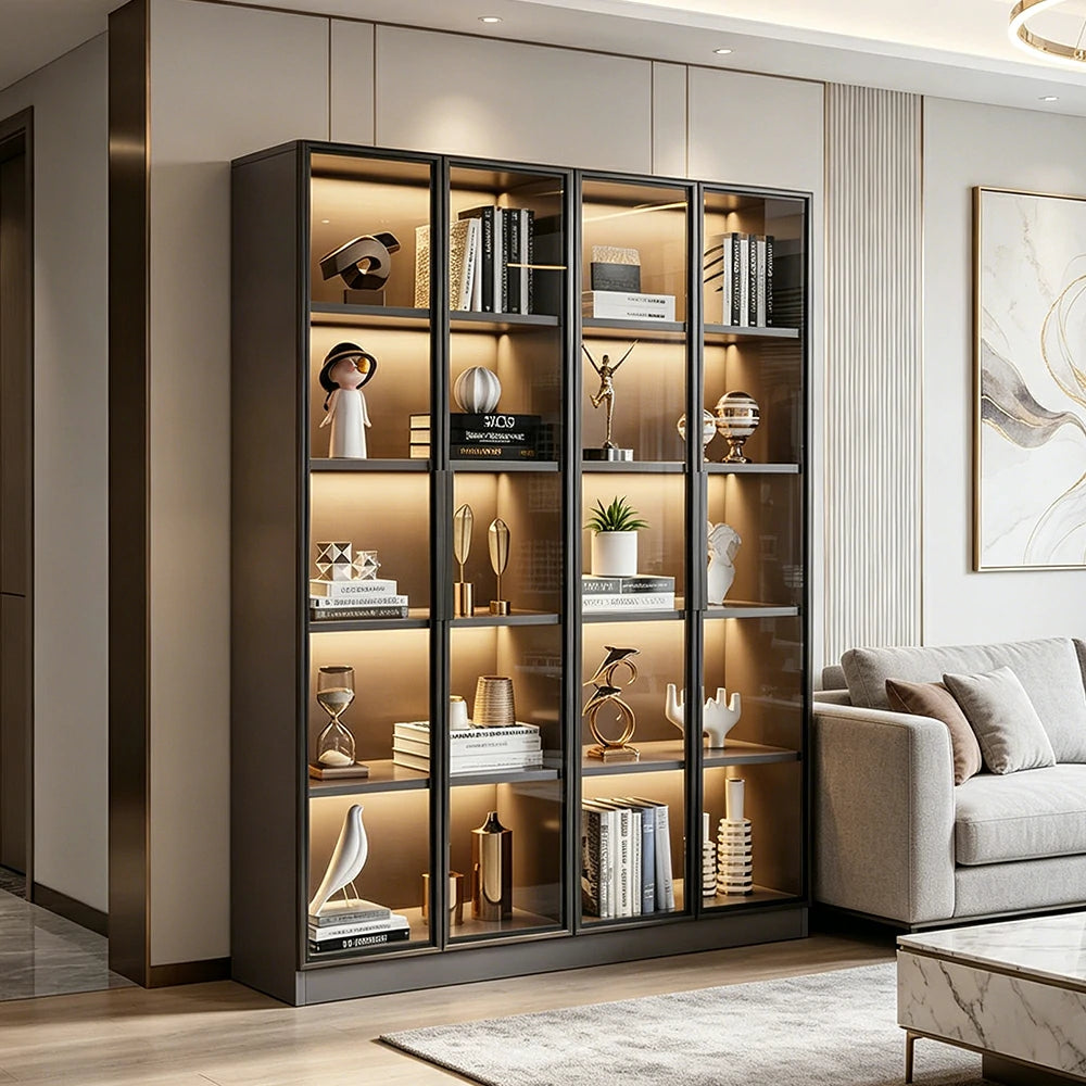 LIVARA 140/180cm 5-Tier Display Cabinet - Four Door Tempered Glass Storage with LED Lighting for Living Room - Light Grey