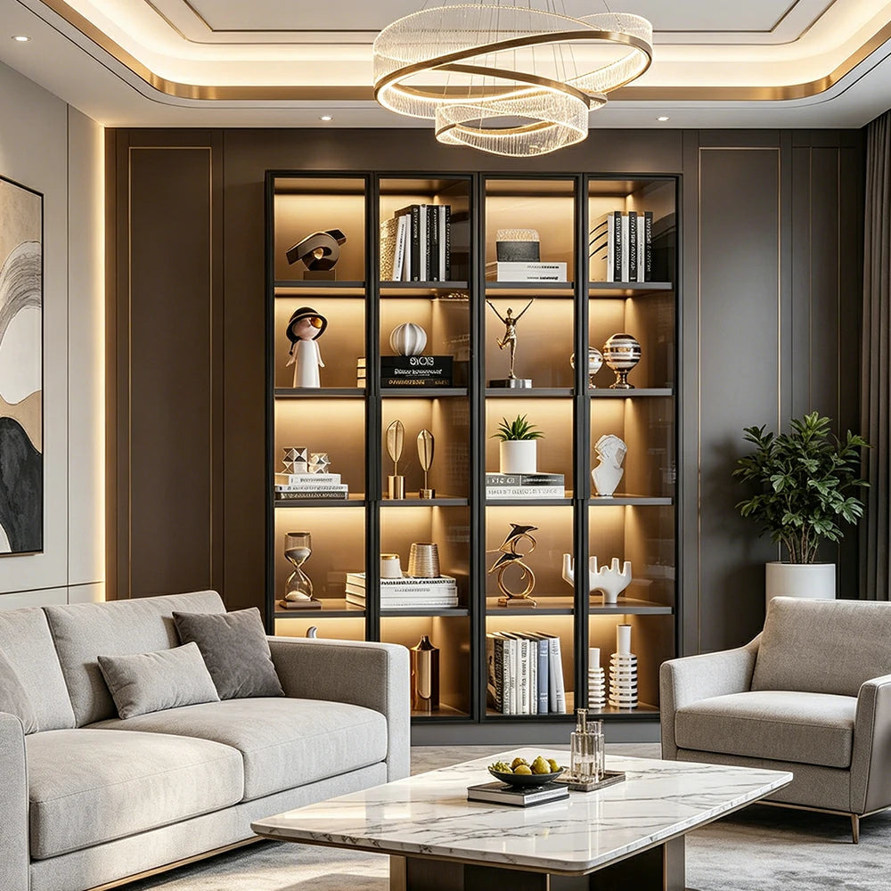 LIVARA 140/180cm 5-Tier Display Cabinet - Four Door Tempered Glass Storage with LED Lighting for Living Room - Light Grey