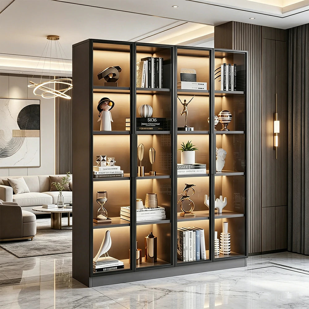 LIVARA 140/180cm 5-Tier Display Cabinet - Four Door Tempered Glass Storage with LED Lighting for Living Room - Light Grey