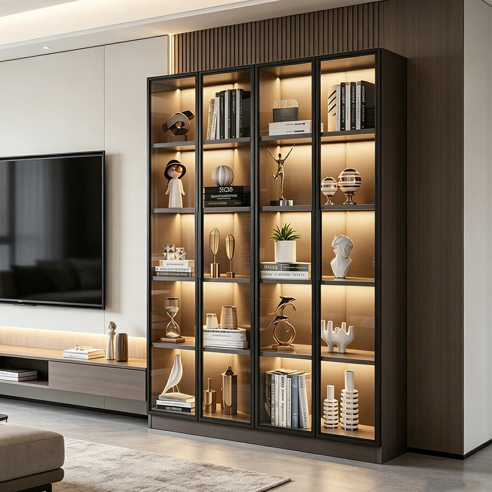 LIVARA 140/180cm 5-Tier Display Cabinet - Four Door Tempered Glass Storage with LED Lighting for Living Room - Light Grey