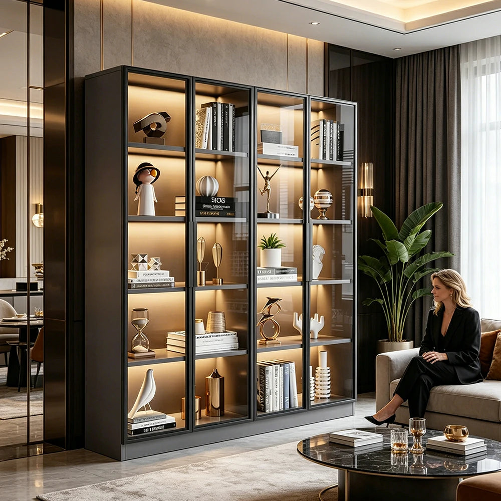 LIVARA 140/180cm 5-Tier Display Cabinet - Four Door Tempered Glass Storage with LED Lighting for Living Room - Light Grey