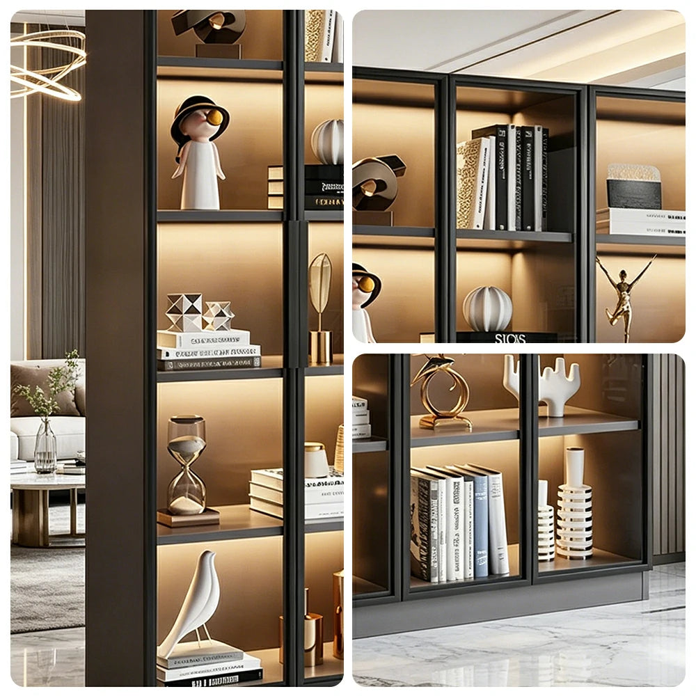LIVARA 140/180cm 5-Tier Display Cabinet - Four Door Tempered Glass Storage with LED Lighting for Living Room - Light Grey