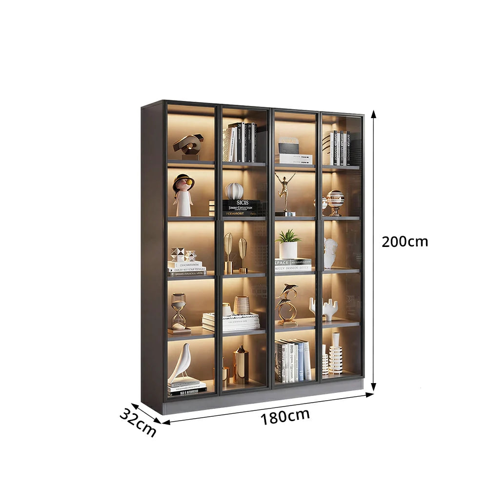 LIVARA 140/180cm 5-Tier Display Cabinet - Four Door Tempered Glass Storage with LED Lighting for Living Room - Light Grey