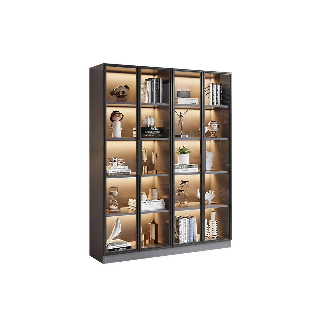 LIVARA 140/180cm 5-Tier Display Cabinet - Four Door Tempered Glass Storage with LED Lighting for Living Room - Light Grey