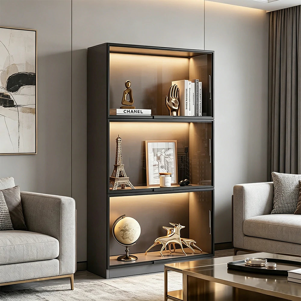 LIVARA 60/100cm 3-Tier Display Cabinet - Flip-Up Door Tempered Glass Storage with Space-Saving Design for Living Room - Light Grey