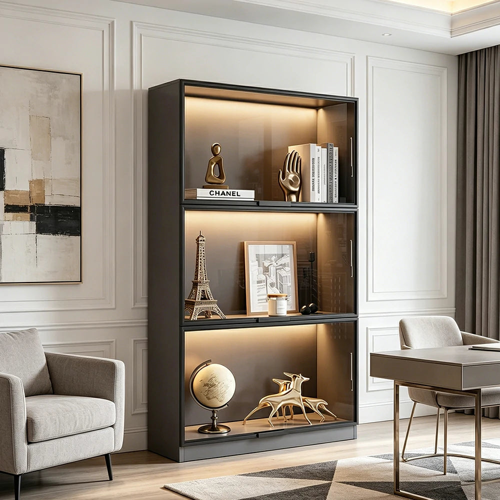 LIVARA 60/100cm 3-Tier Display Cabinet - Flip-Up Door Tempered Glass Storage with Space-Saving Design for Living Room - Light Grey