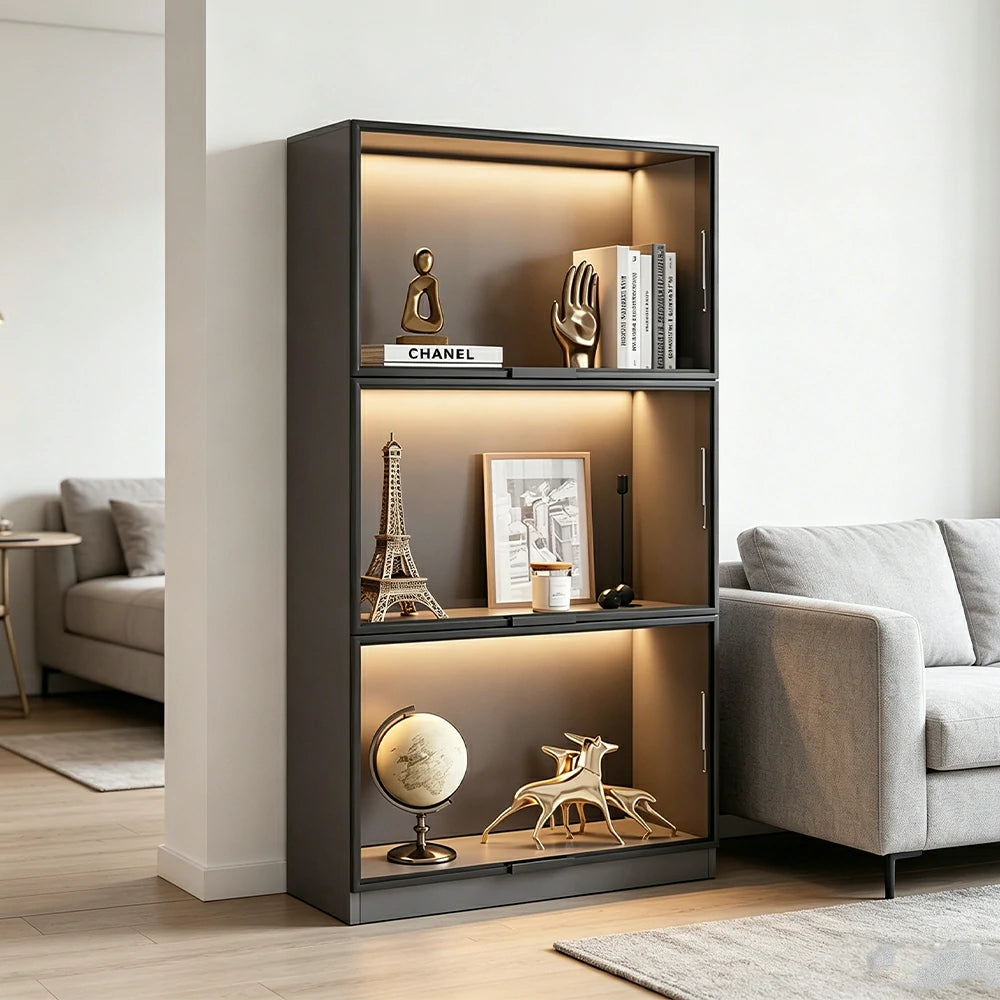 LIVARA 60/100cm 3-Tier Display Cabinet - Flip-Up Door Tempered Glass Storage with Space-Saving Design for Living Room - Light Grey
