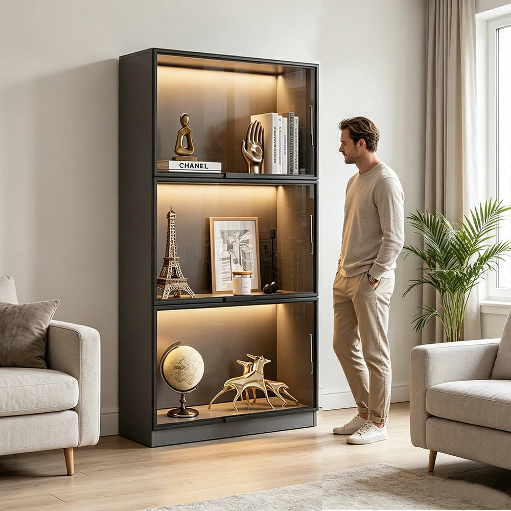LIVARA 60/100cm 3-Tier Display Cabinet - Flip-Up Door Tempered Glass Storage with Space-Saving Design for Living Room - Light Grey