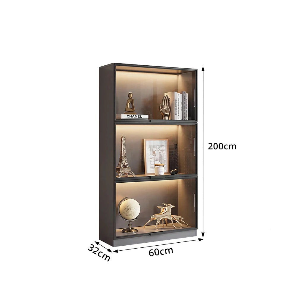 LIVARA 60/100cm 3-Tier Display Cabinet - Flip-Up Door Tempered Glass Storage with Space-Saving Design for Living Room - Light Grey