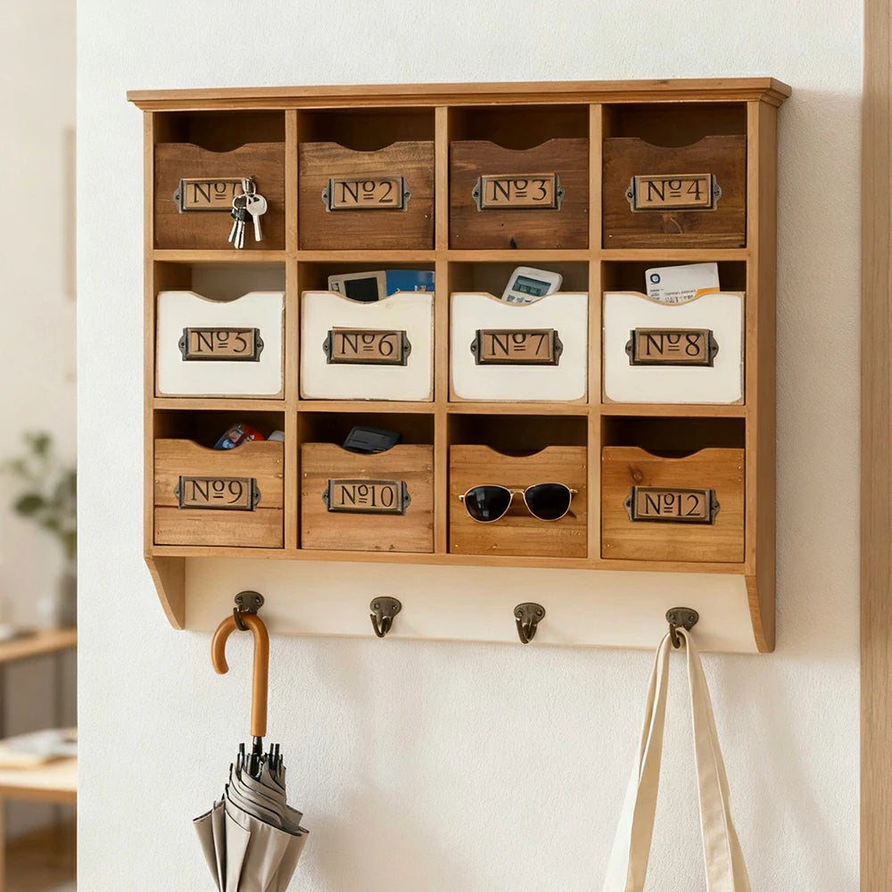 LIVARA Rustic Wall Mounted Storage Cabinet 12 Drawer Organizer Solid Spruce Wood Vintage Cabinet with Numbered Label Holders