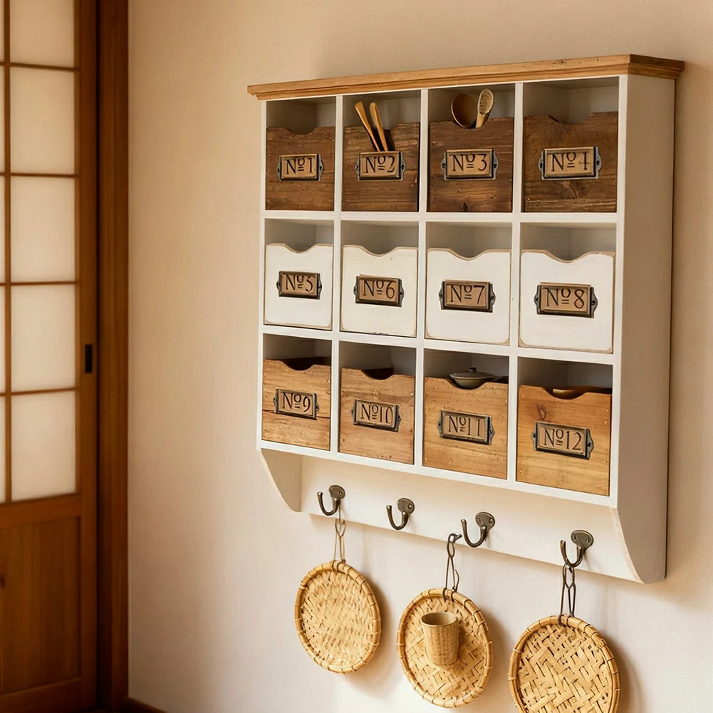 LIVARA Rustic Wall Mounted Storage Cabinet 12 Drawer Organizer Solid Spruce Wood Vintage Cabinet with Numbered Label Holders