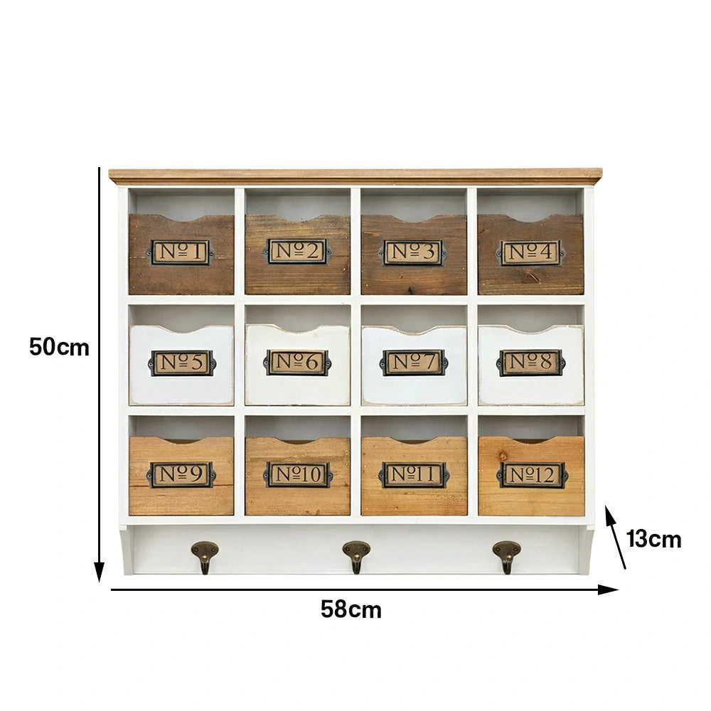 LIVARA Rustic Wall Mounted Storage Cabinet 12 Drawer Organizer Solid Spruce Wood Vintage Cabinet with Numbered Label Holders