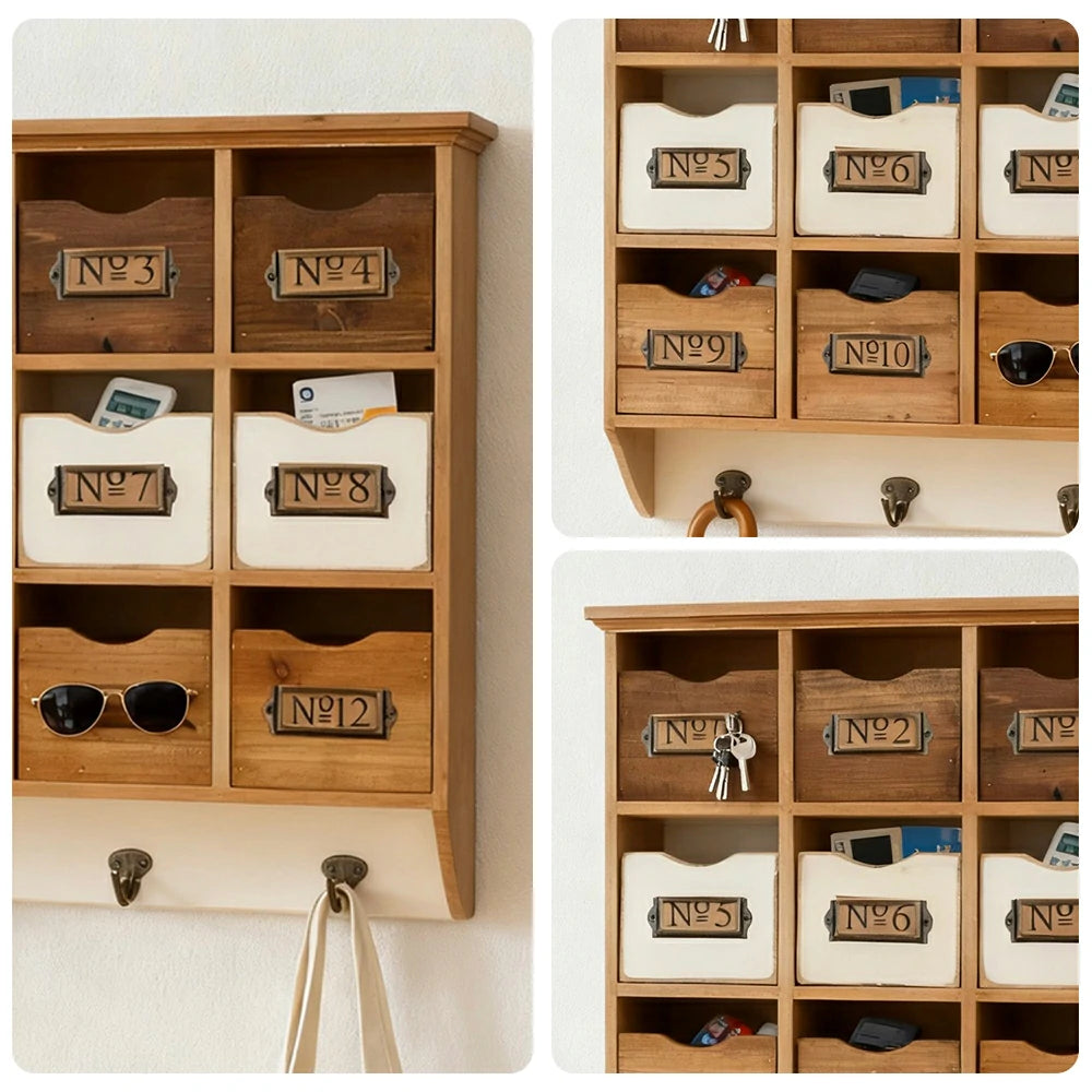LIVARA Rustic Wall Mounted Storage Cabinet 12 Drawer Organizer Solid Spruce Wood Vintage Cabinet with Numbered Label Holders