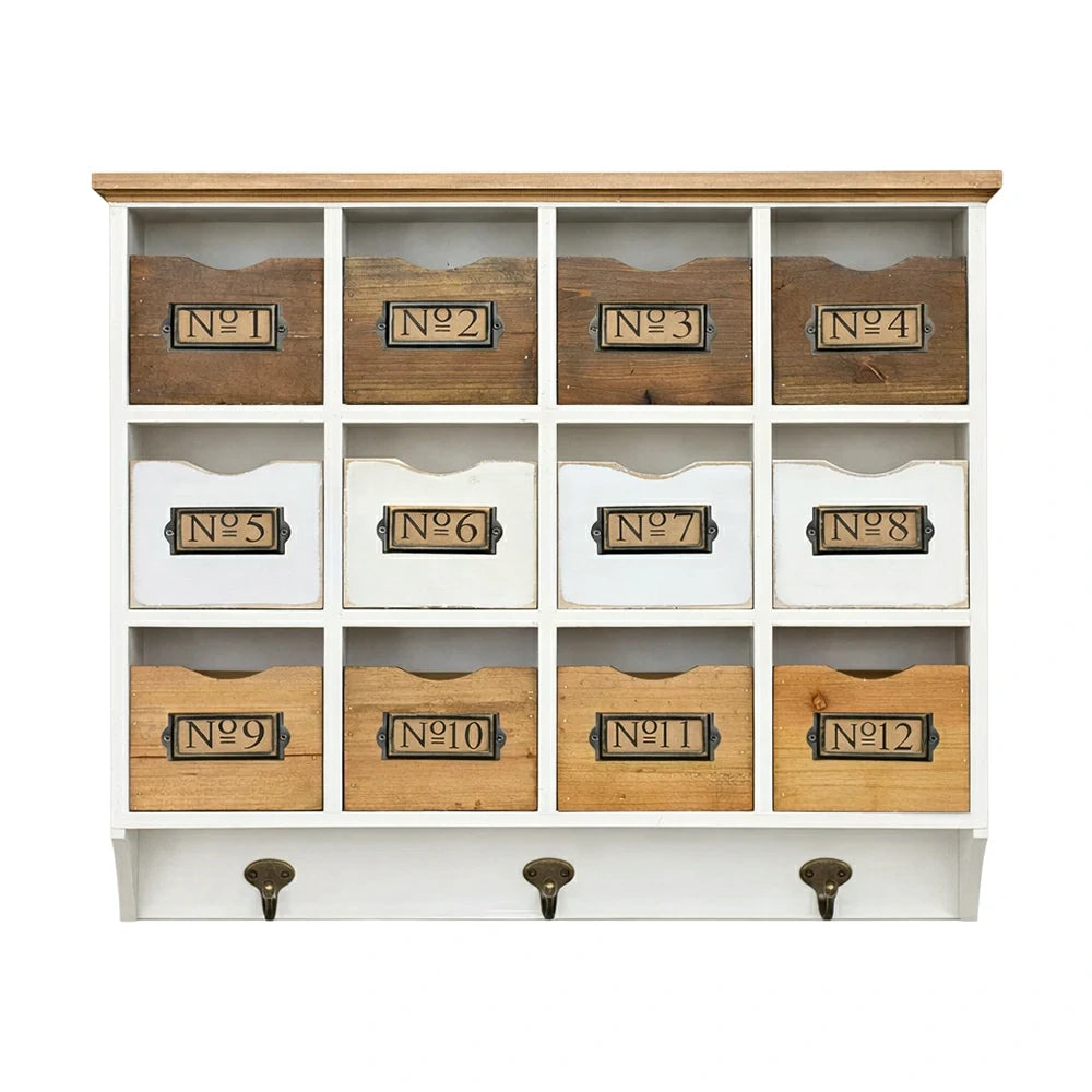 LIVARA Rustic Wall Mounted Storage Cabinet 12 Drawer Organizer Solid Spruce Wood Vintage Cabinet with Numbered Label Holders
