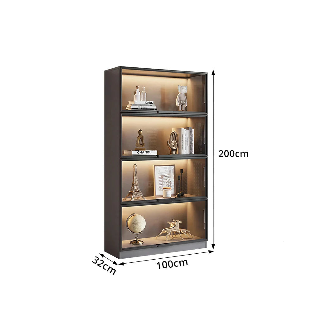 LIVARA 60/100cm 4-Tier Display Cabinet - Flip-Up Door Tempered Glass Storage with Space-Saving Design for Living Room - Light Grey