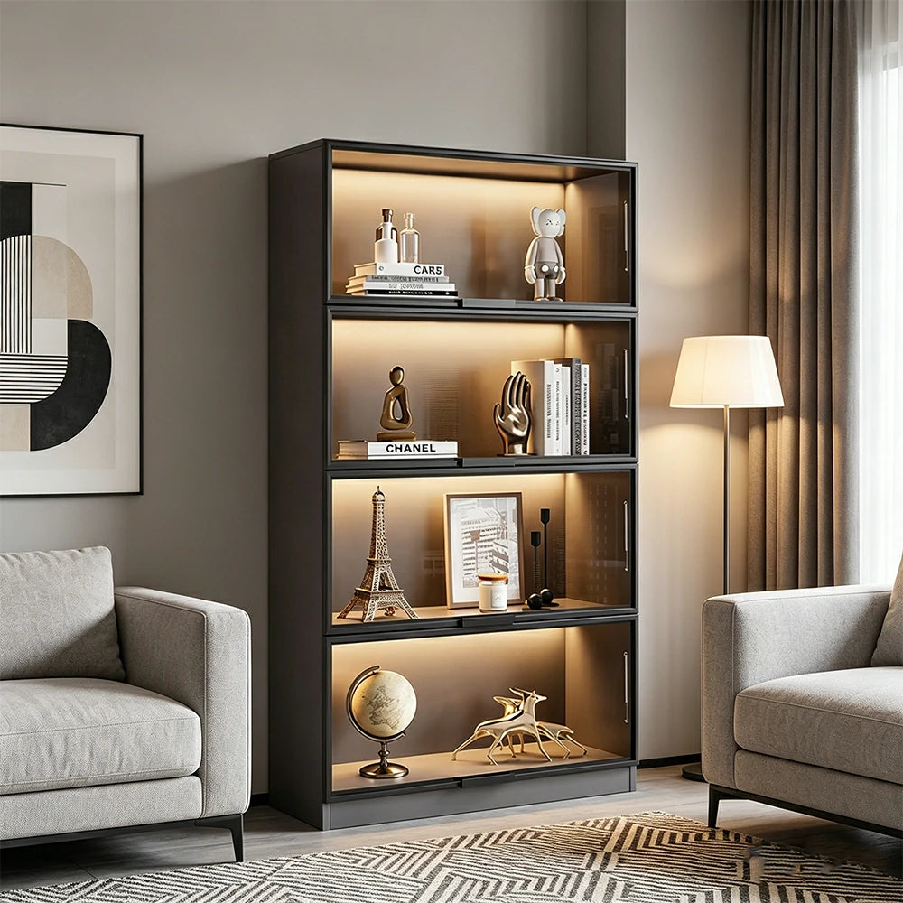 LIVARA 60/100cm 4-Tier Display Cabinet - Flip-Up Door Tempered Glass Storage with Space-Saving Design for Living Room - Light Grey