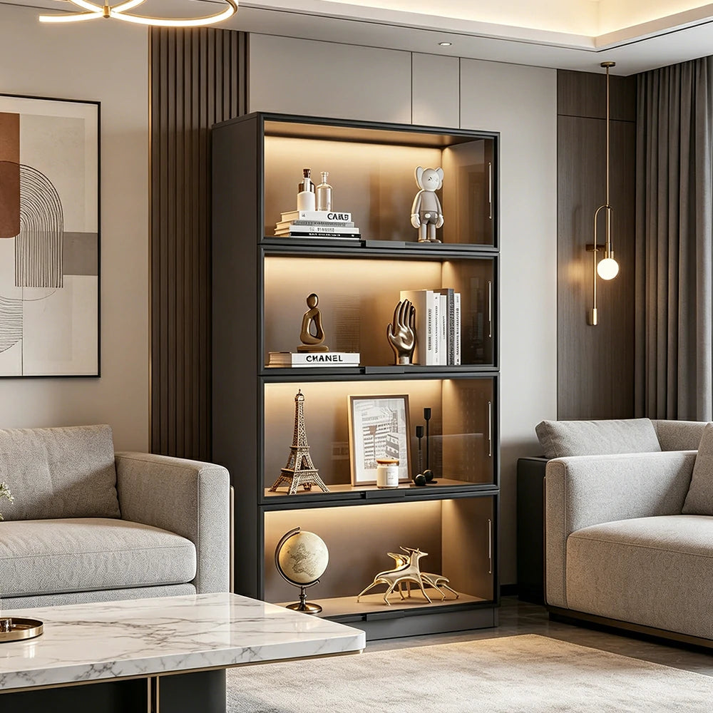 LIVARA 60/100cm 4-Tier Display Cabinet - Flip-Up Door Tempered Glass Storage with Space-Saving Design for Living Room - Light Grey