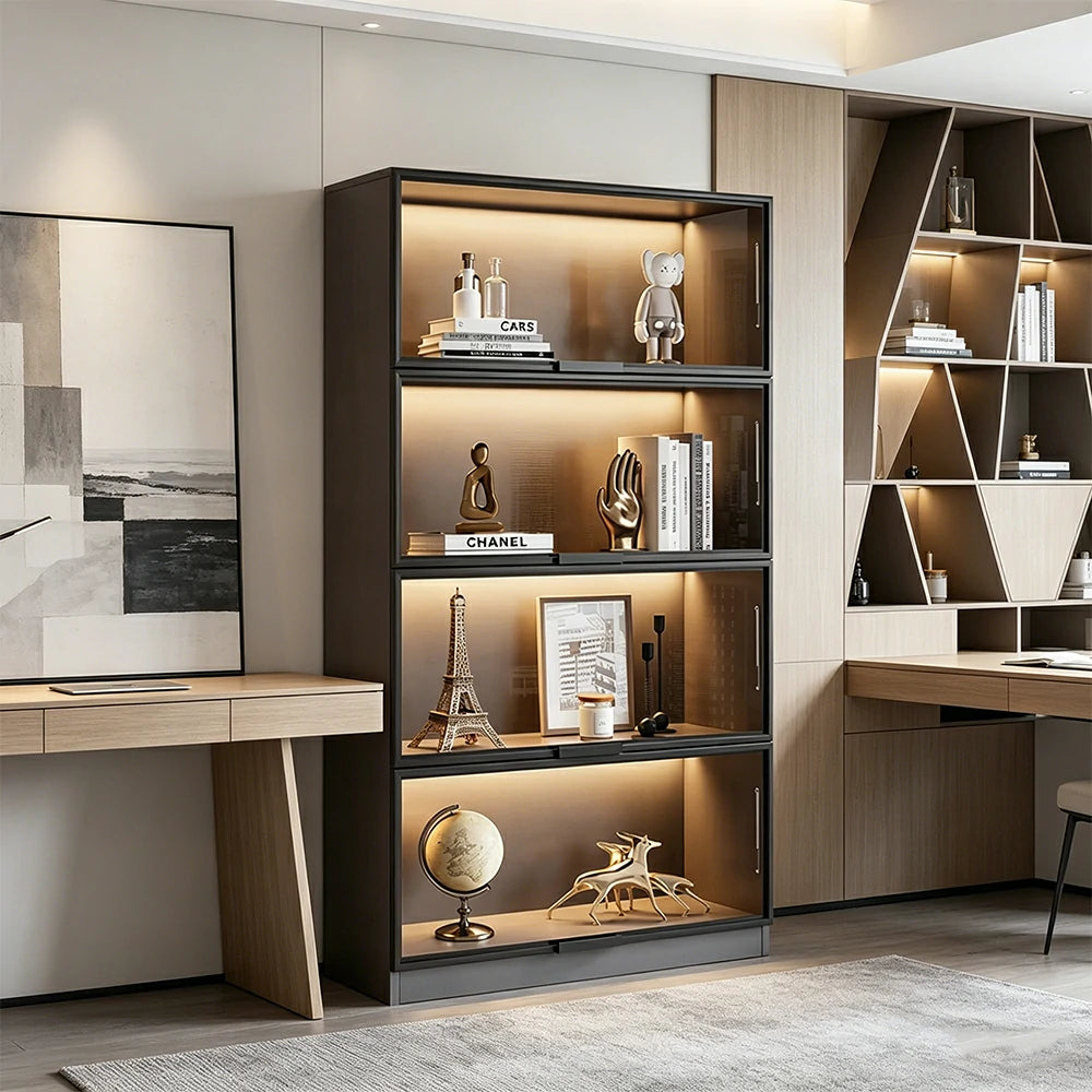 LIVARA 60/100cm 4-Tier Display Cabinet - Flip-Up Door Tempered Glass Storage with Space-Saving Design for Living Room - Light Grey