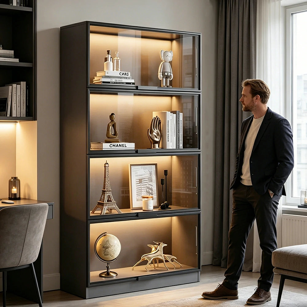 LIVARA 60/100cm 4-Tier Display Cabinet - Flip-Up Door Tempered Glass Storage with Space-Saving Design for Living Room - Light Grey