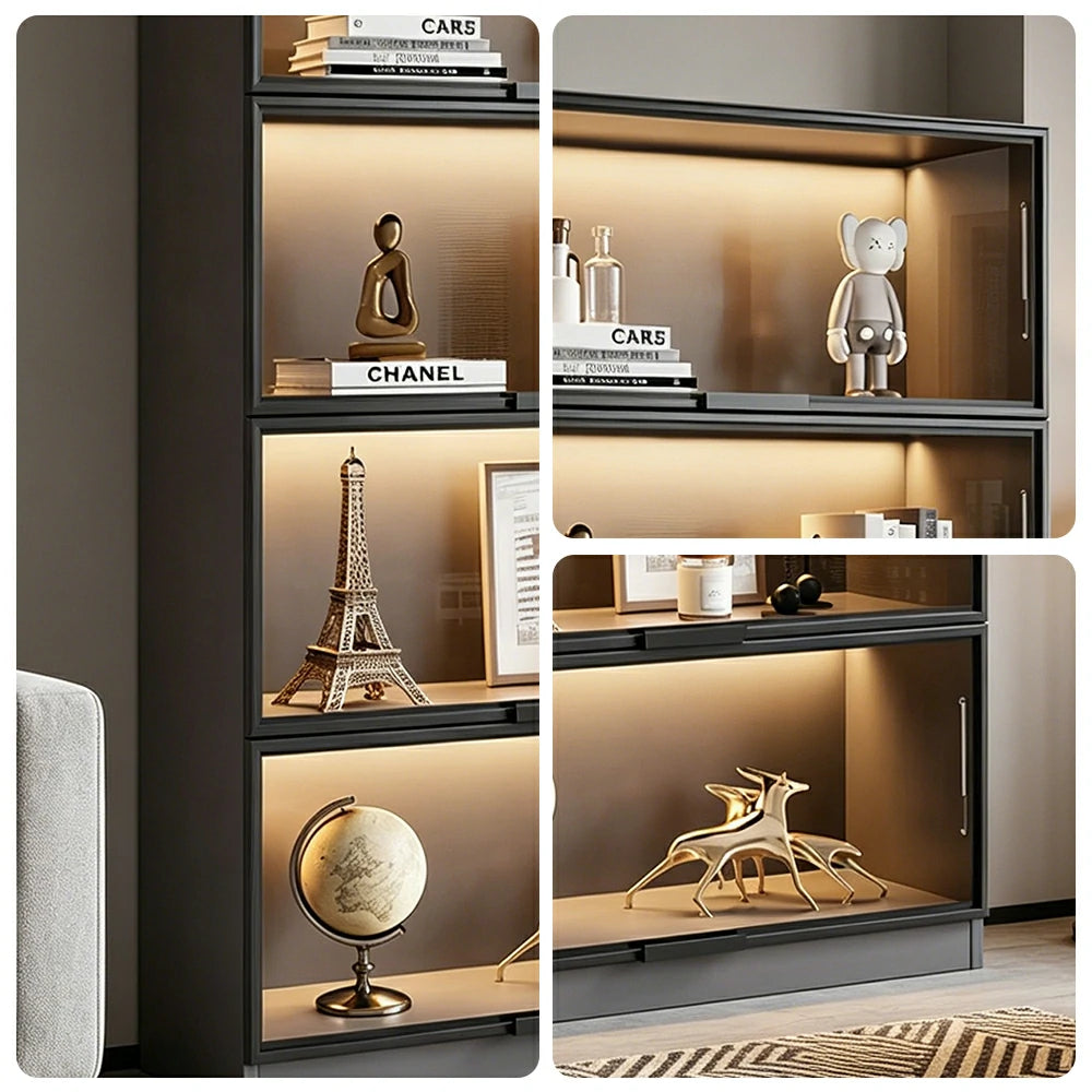 LIVARA 60/100cm 4-Tier Display Cabinet - Flip-Up Door Tempered Glass Storage with Space-Saving Design for Living Room - Light Grey