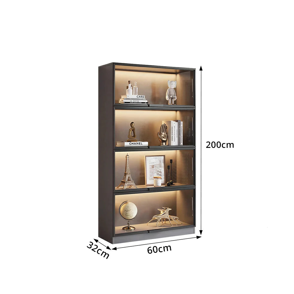 LIVARA 60/100cm 4-Tier Display Cabinet - Flip-Up Door Tempered Glass Storage with Space-Saving Design for Living Room - Light Grey