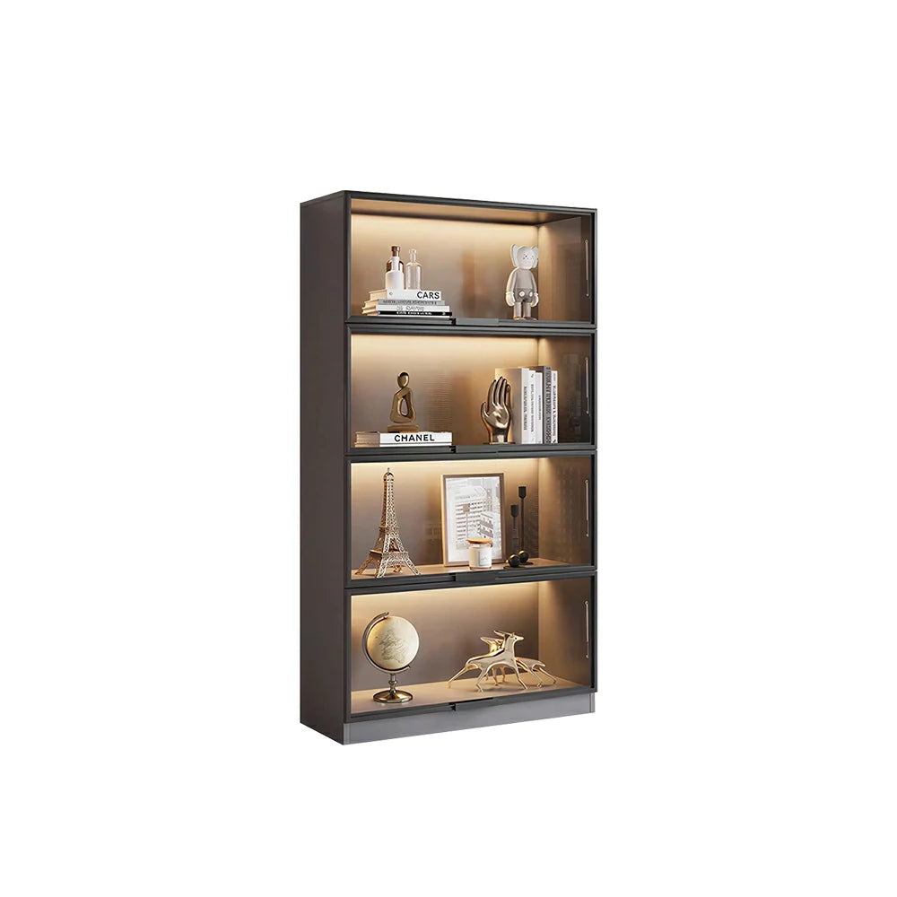LIVARA 60/100cm 4-Tier Display Cabinet - Flip-Up Door Tempered Glass Storage with Space-Saving Design for Living Room - Light Grey