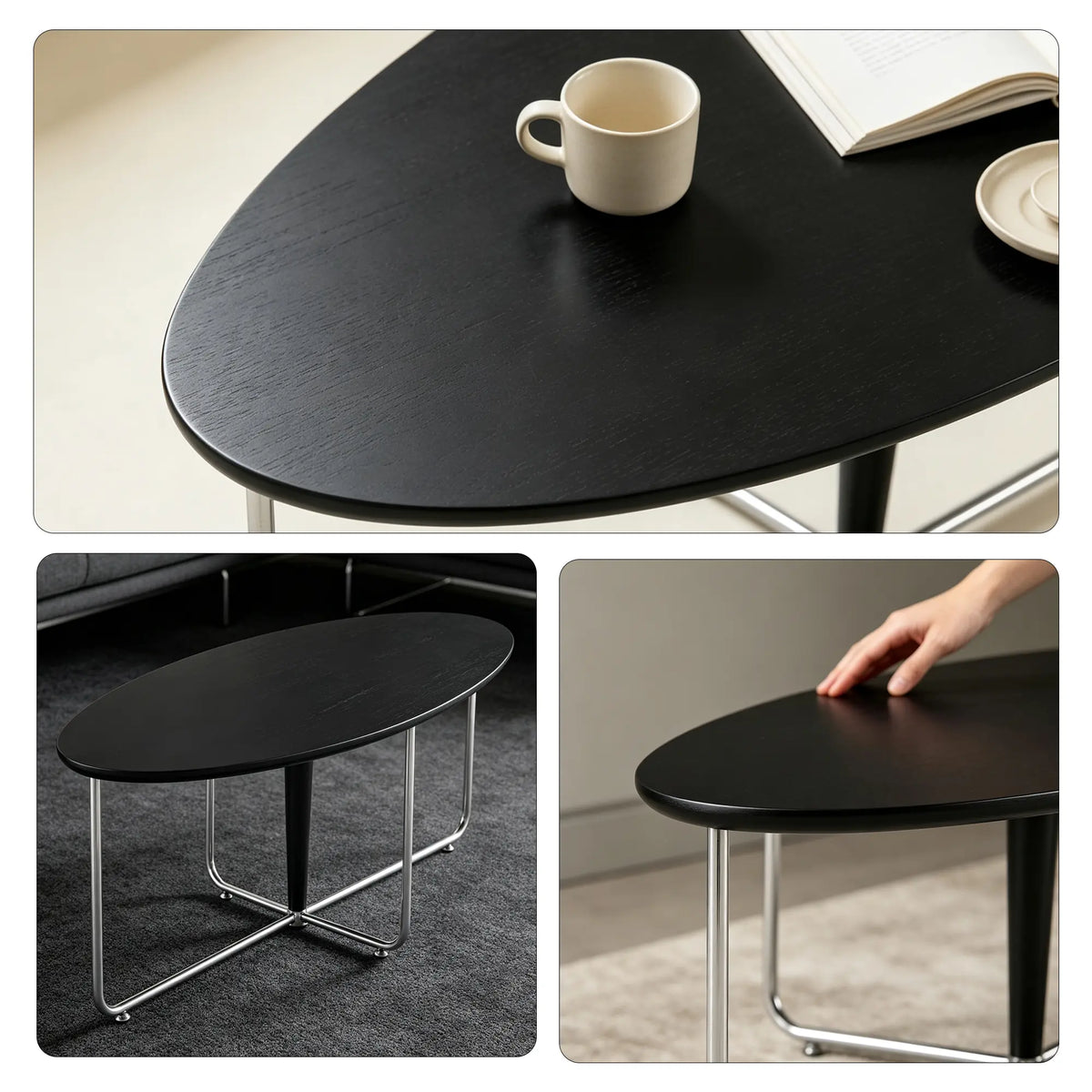 LIVARA Bauhaus Coffee Table Soft Curved Design Rounded Edges Spacious Top for Living Room Sofa Area Lounge - Black