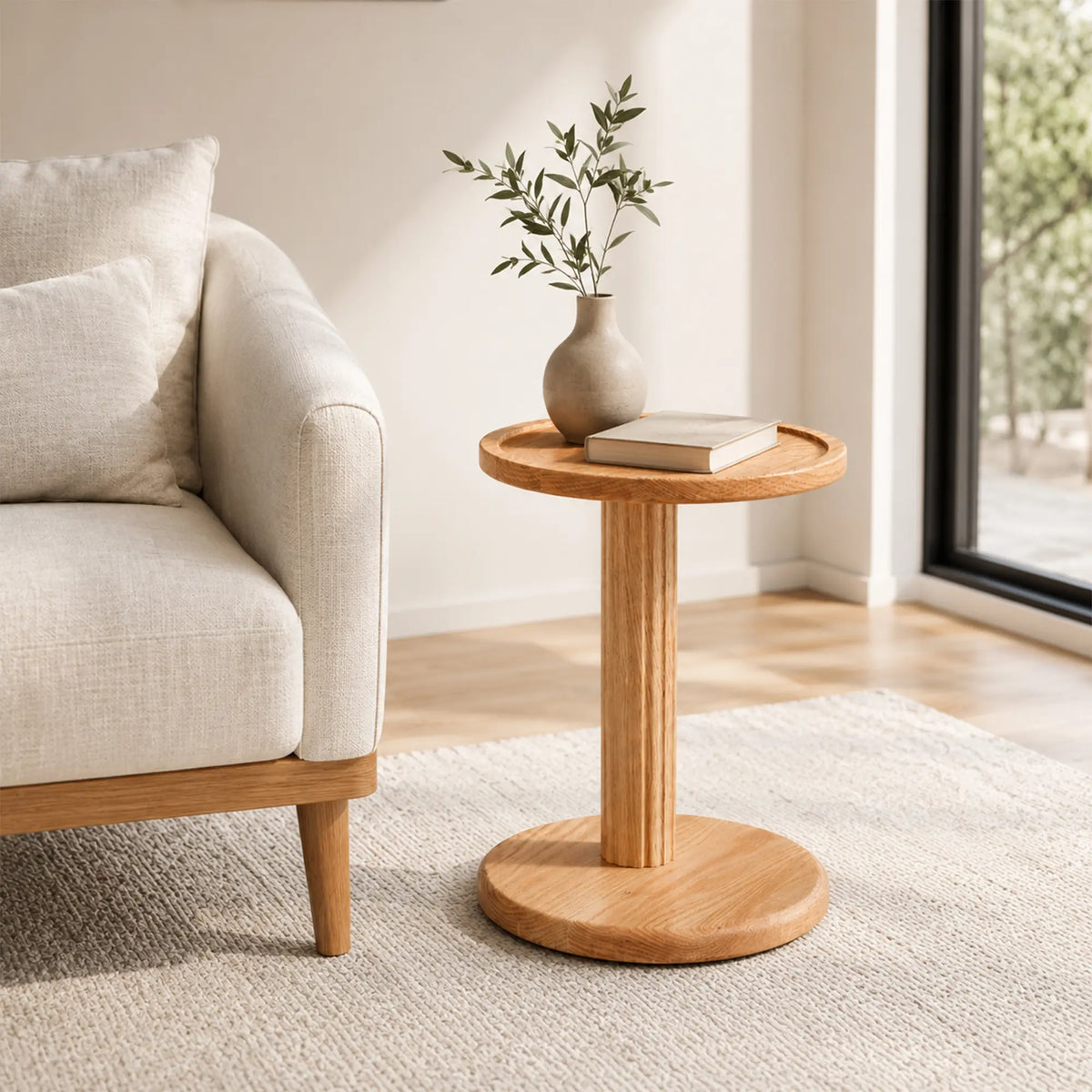LIVARA Round Solid Wood Side Table FAS Grade North American Oak Pedestal Base for Sofa Bedside Balcony Reading Corner