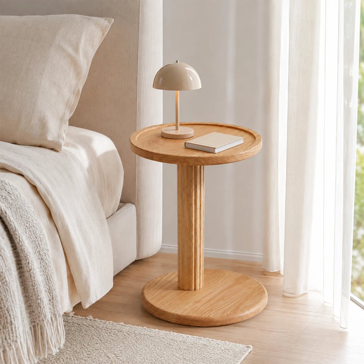 LIVARA Round Solid Wood Side Table FAS Grade North American Oak Pedestal Base for Sofa Bedside Balcony Reading Corner