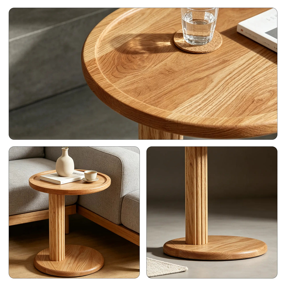 LIVARA Round Solid Wood Side Table FAS Grade North American Oak Pedestal Base for Sofa Bedside Balcony Reading Corner