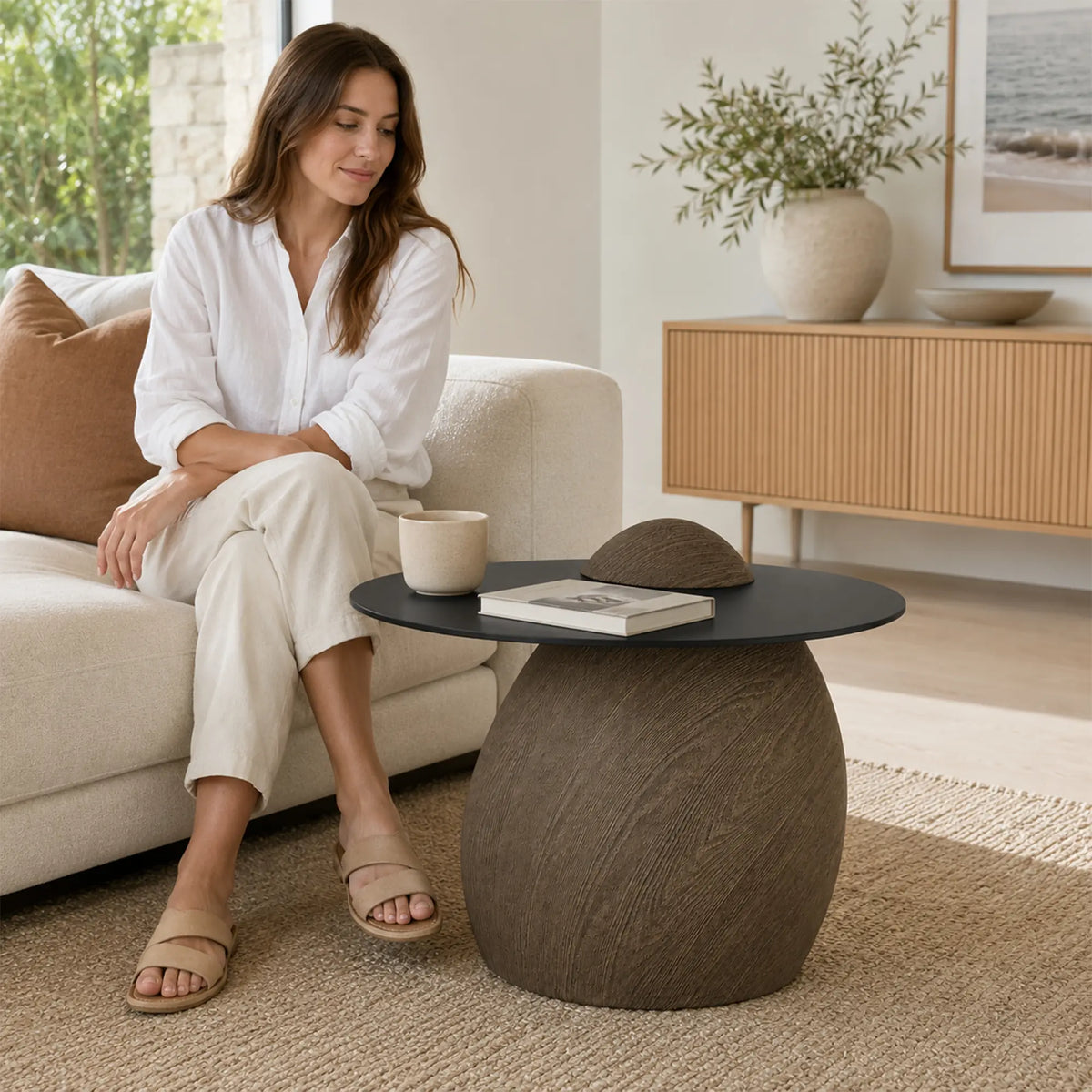 LIVARA Modern Side Table Compact Sintered Stone Top Warm Minimalist Style for Living Room Balcony Bedroom Lounge - Brown