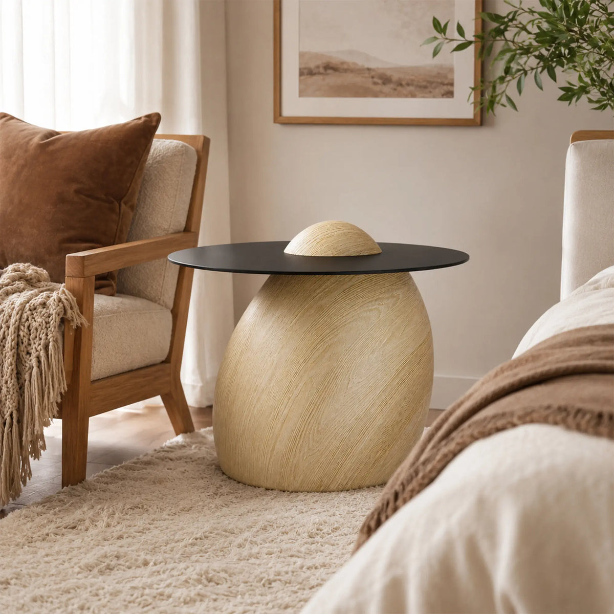 LIVARA Modern Side Table Compact Sintered Stone Top Warm Minimalist Style for Living Room Balcony Bedroom Lounge - Wood