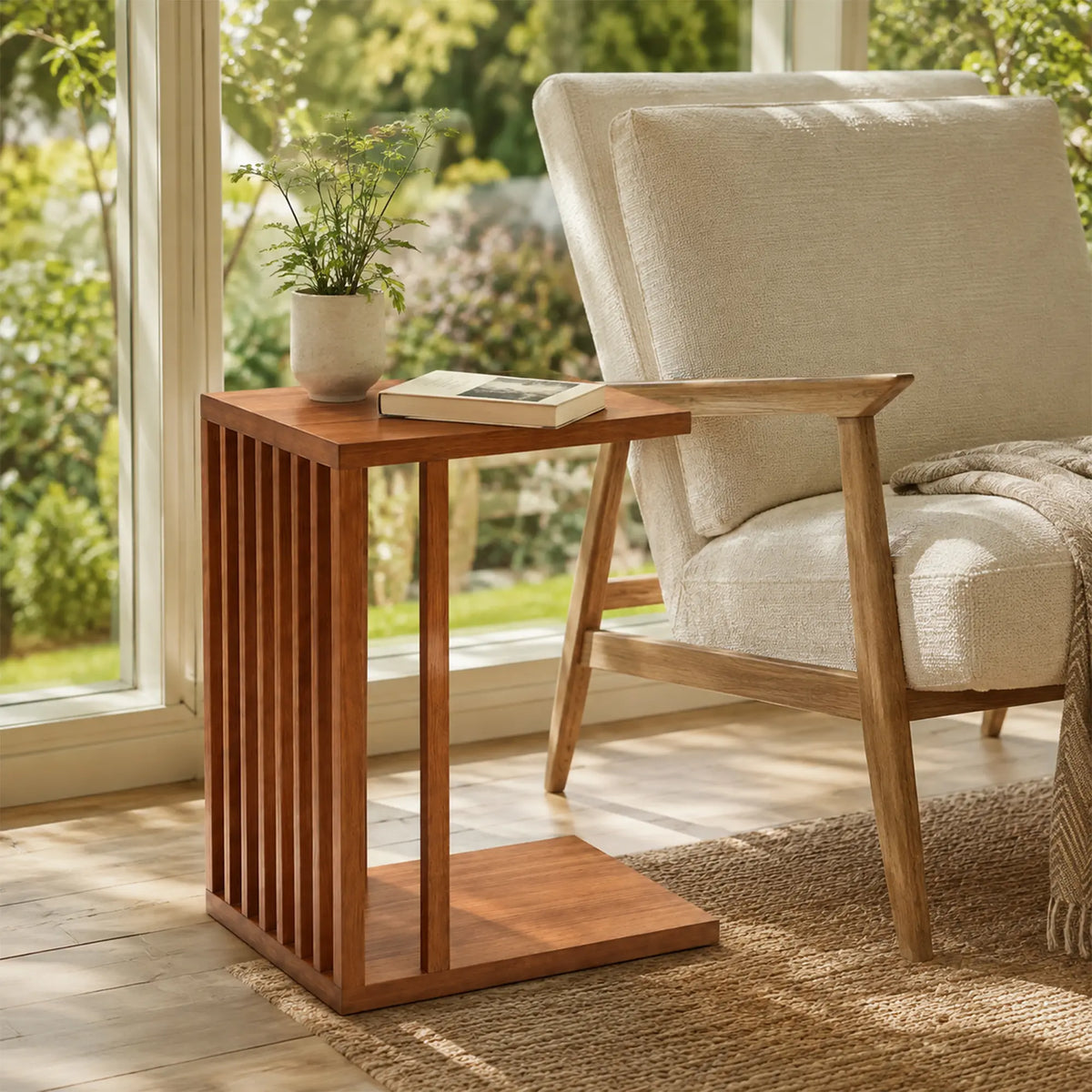 LIVARA C Shaped Side Table Ash Wood Slatted Design No Assembly Required for Living Room Bedroom Sofa Bedside Reading Corner