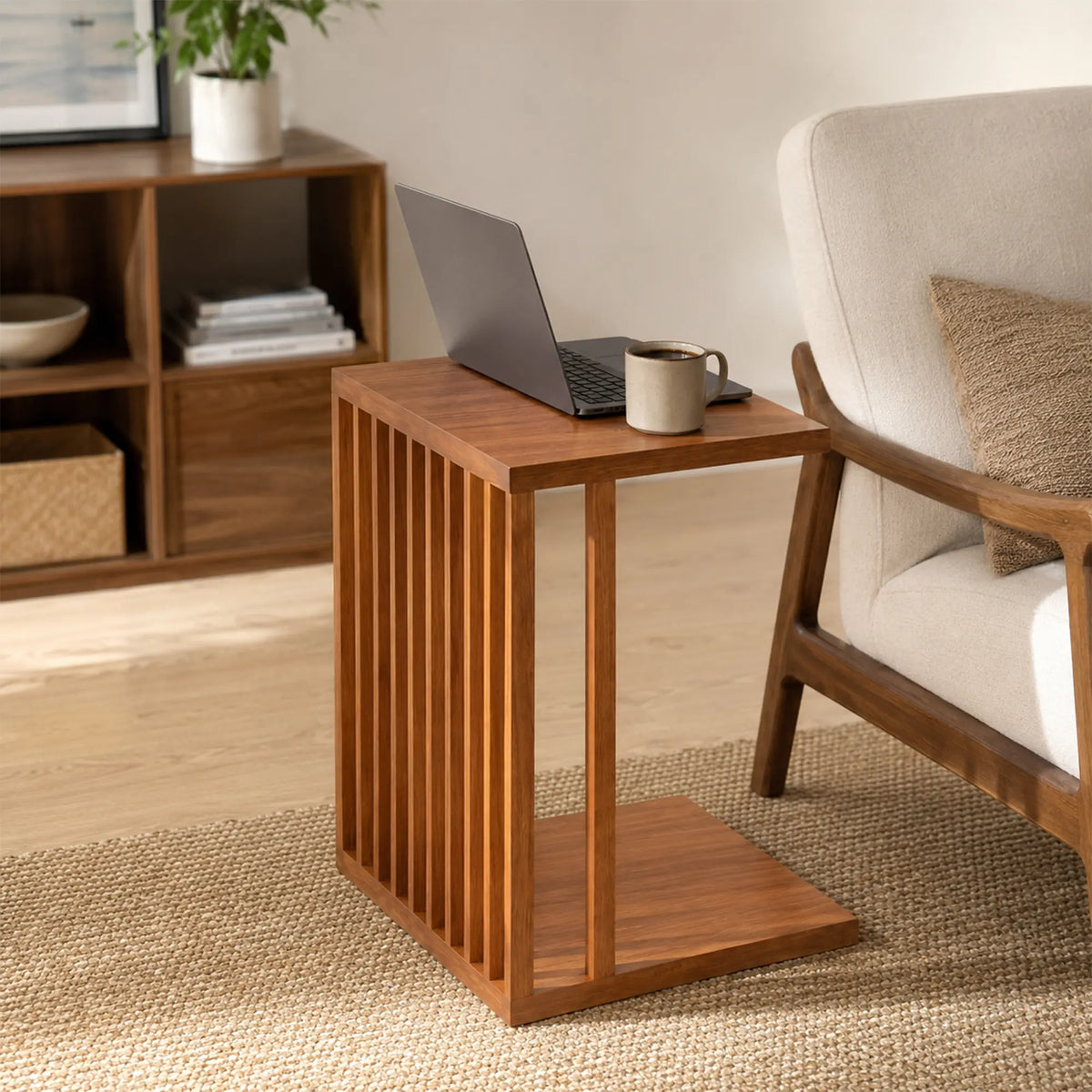 LIVARA C Shaped Side Table Ash Wood Slatted Design No Assembly Required for Living Room Bedroom Sofa Bedside Reading Corner