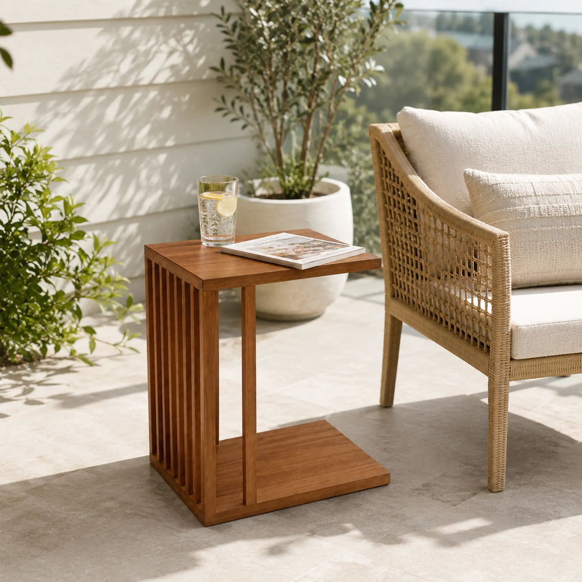 LIVARA C Shaped Side Table Ash Wood Slatted Design No Assembly Required for Living Room Bedroom Sofa Bedside Reading Corner