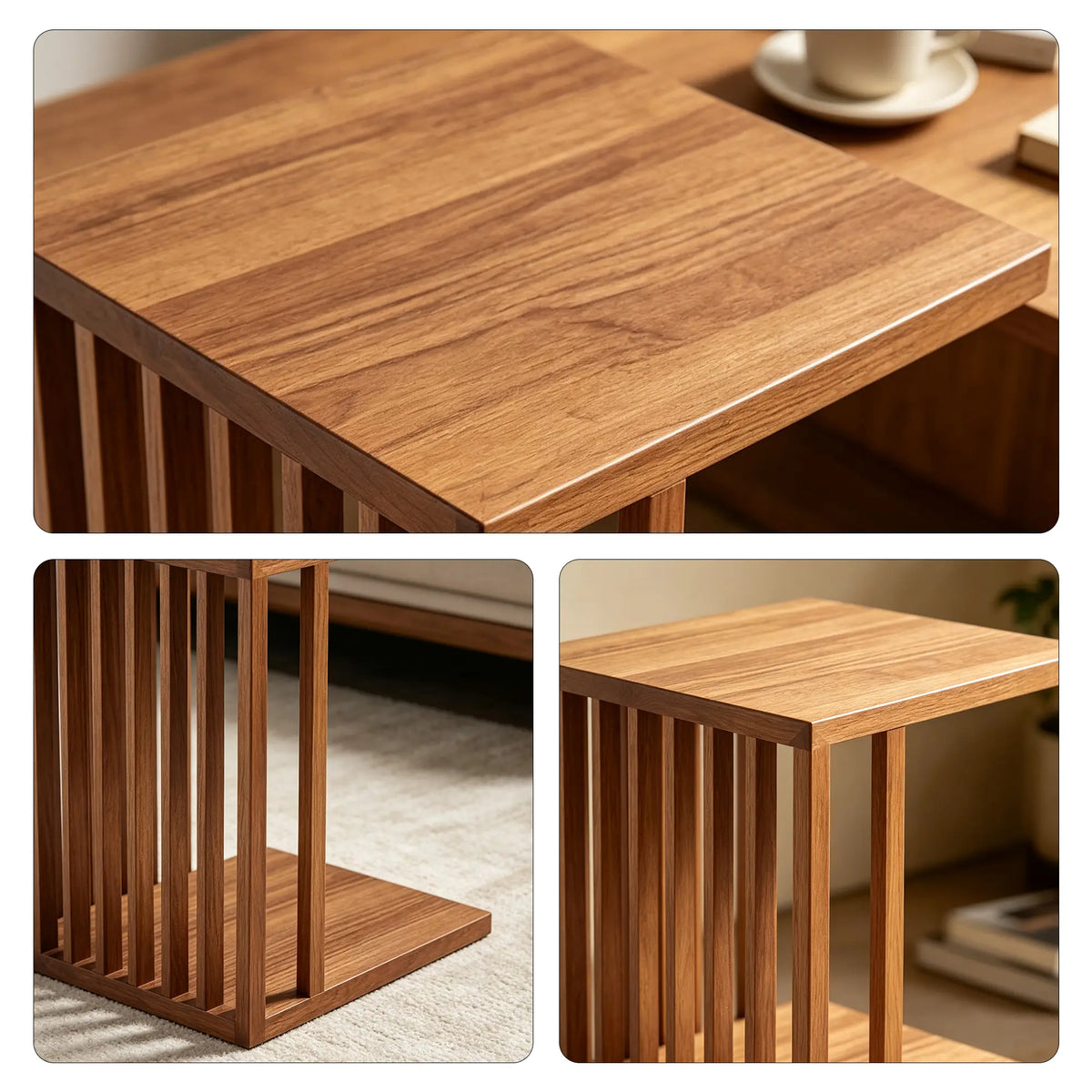 LIVARA C Shaped Side Table Ash Wood Slatted Design No Assembly Required for Living Room Bedroom Sofa Bedside Reading Corner
