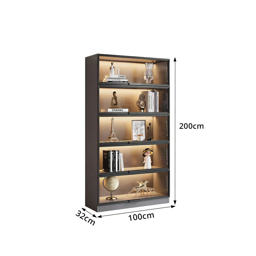 LIVARA 60/100cm 5-Tier Display Cabinet - Flip-Up Door Tempered Glass Storage with LED Lighting for Living Room - Light Grey