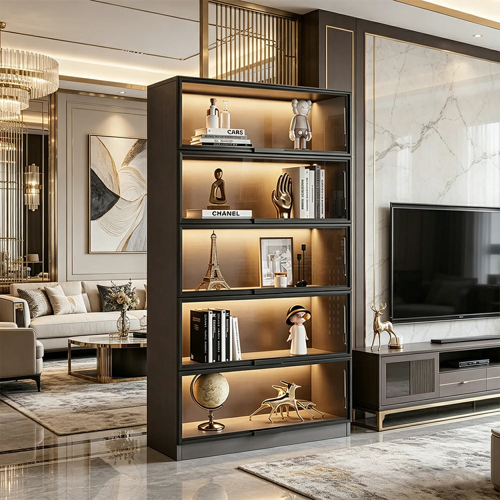 LIVARA 60/100cm 5-Tier Display Cabinet - Flip-Up Door Tempered Glass Storage with LED Lighting for Living Room - Light Grey