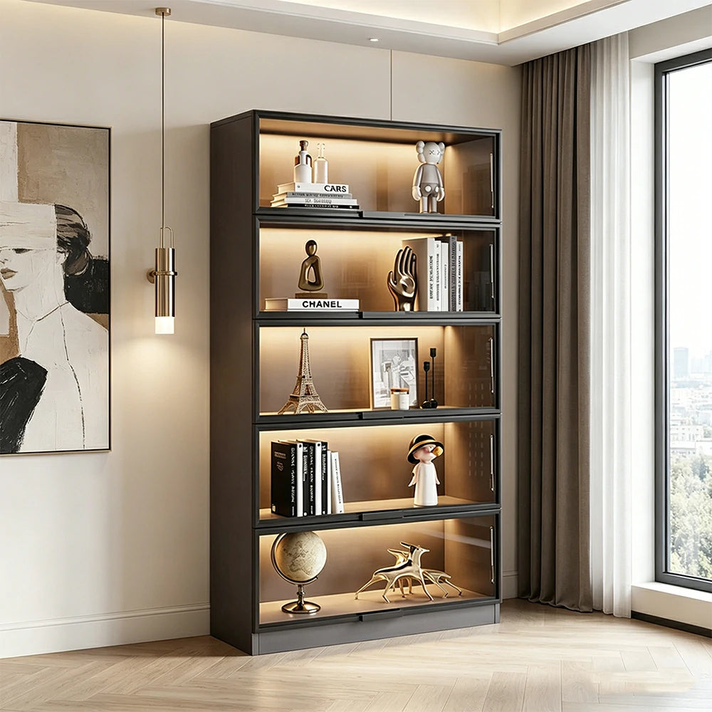 LIVARA 60/100cm 5-Tier Display Cabinet - Flip-Up Door Tempered Glass Storage with LED Lighting for Living Room - Light Grey