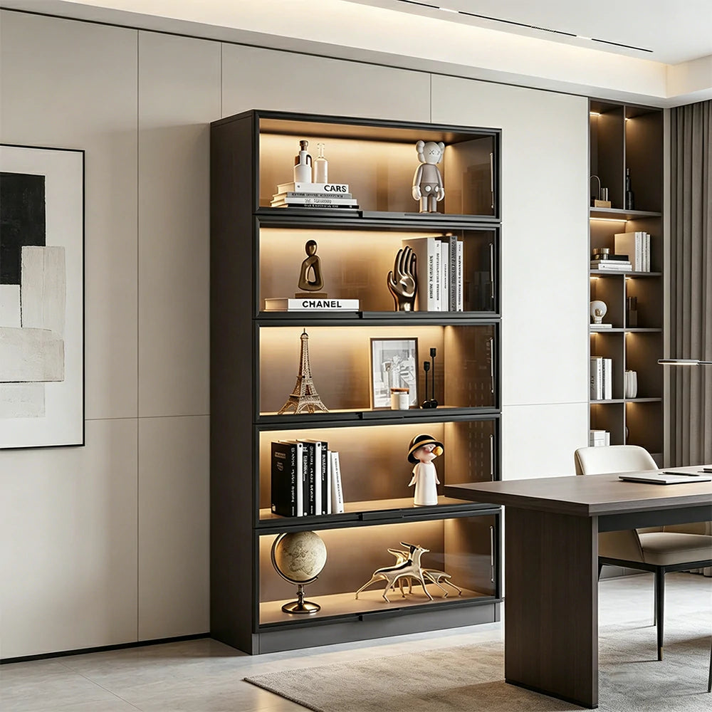 LIVARA 60/100cm 5-Tier Display Cabinet - Flip-Up Door Tempered Glass Storage with LED Lighting for Living Room - Light Grey