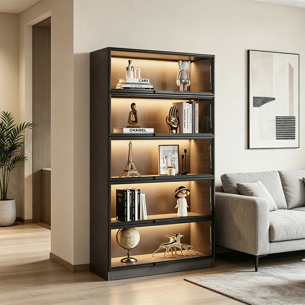 LIVARA 60/100cm 5-Tier Display Cabinet - Flip-Up Door Tempered Glass Storage with LED Lighting for Living Room - Light Grey