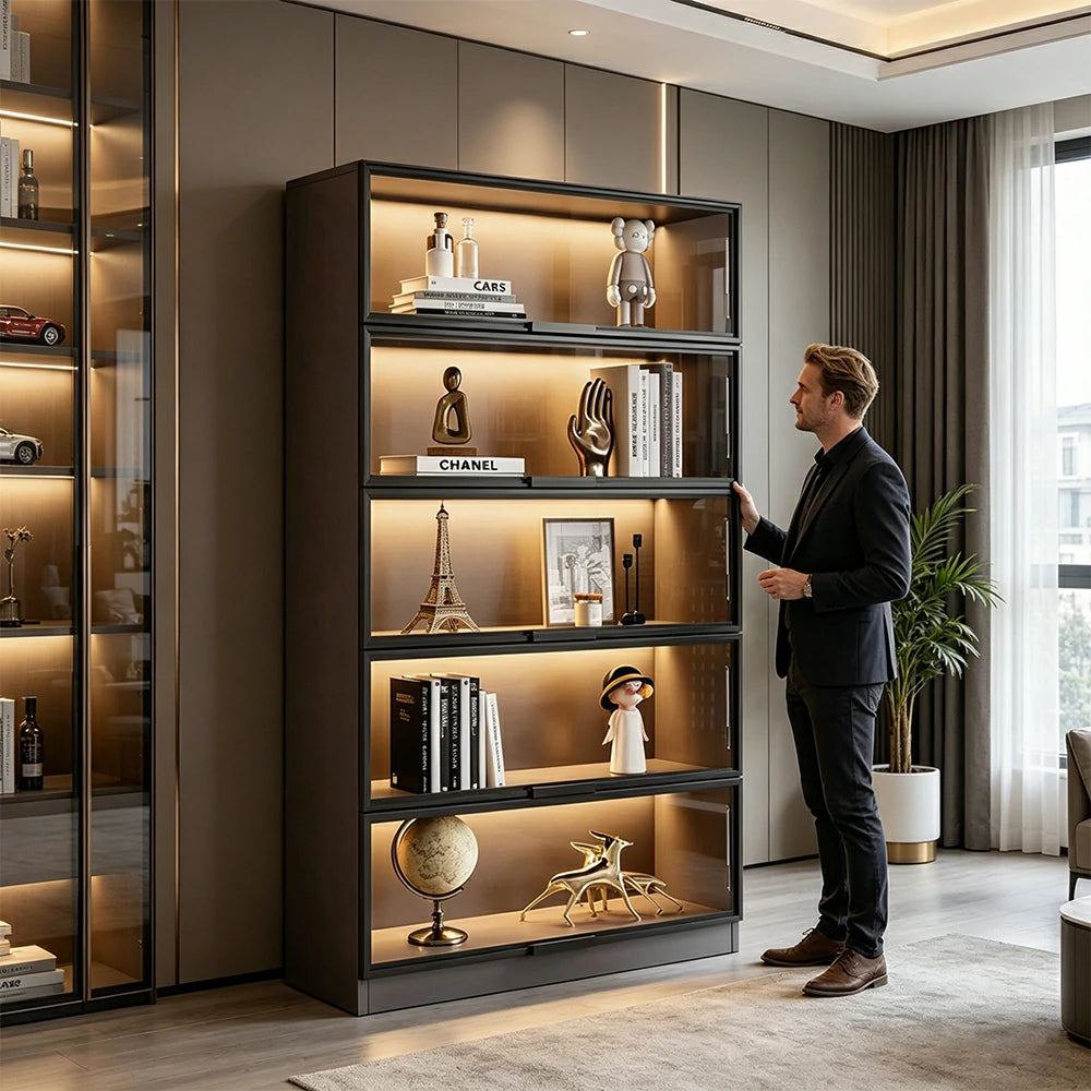 LIVARA 60/100cm 5-Tier Display Cabinet - Flip-Up Door Tempered Glass Storage with LED Lighting for Living Room - Light Grey