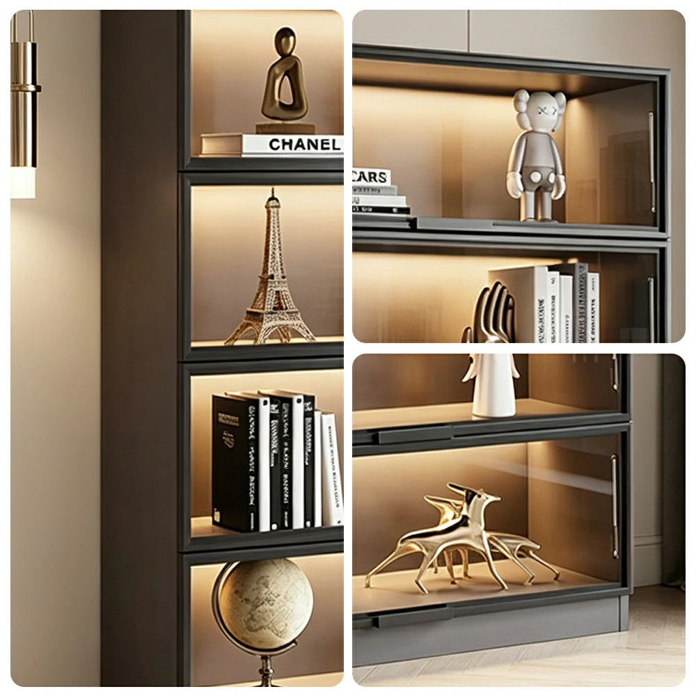 LIVARA 60/100cm 5-Tier Display Cabinet - Flip-Up Door Tempered Glass Storage with LED Lighting for Living Room - Light Grey