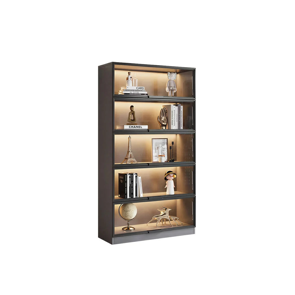 LIVARA 60/100cm 5-Tier Display Cabinet - Flip-Up Door Tempered Glass Storage with LED Lighting for Living Room - Light Grey