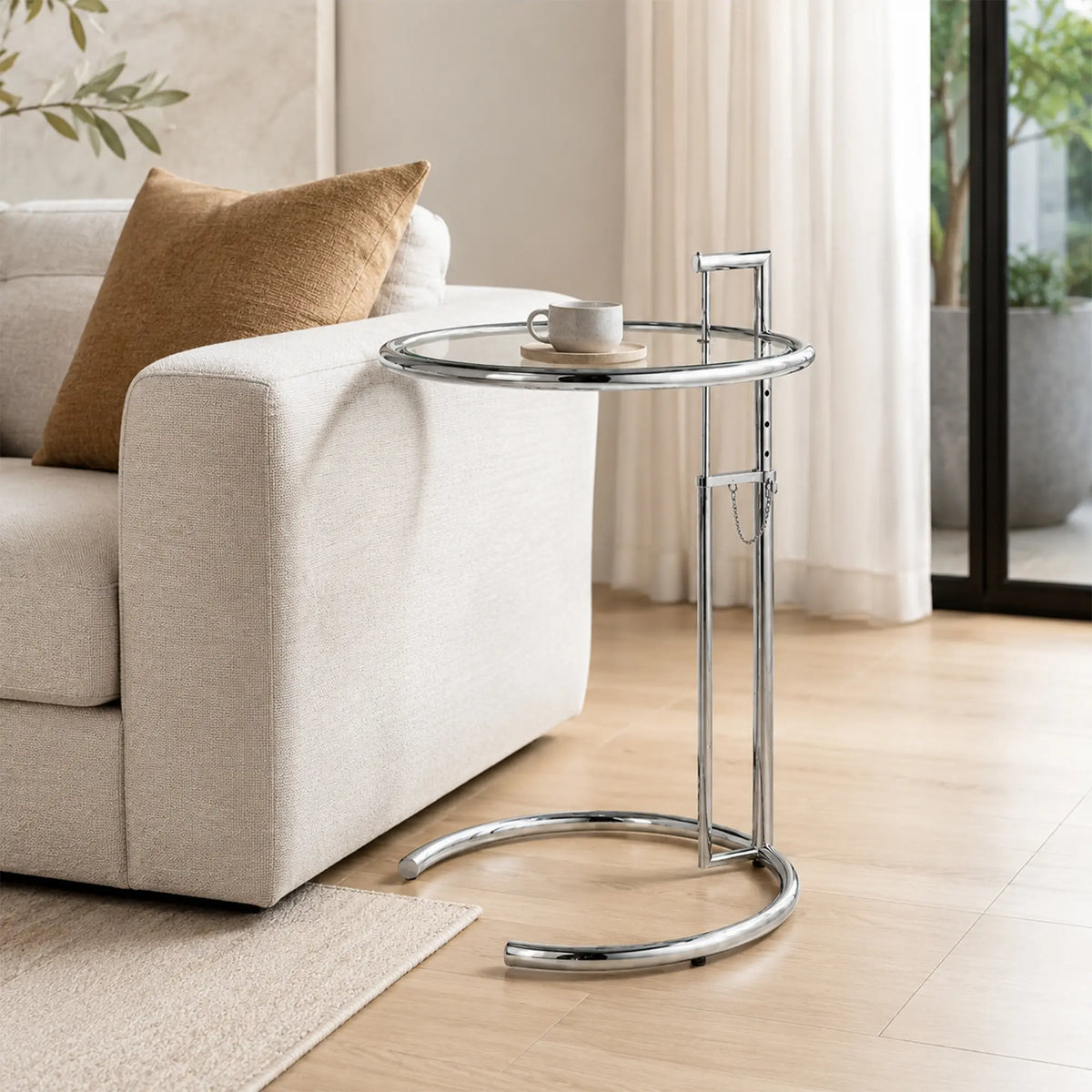LIVARA Adjustable Glass Side Table Tempered Glass Top Stainless Steel Frame Tool Free Height Adjustment for Living Room Bedroom Balcony