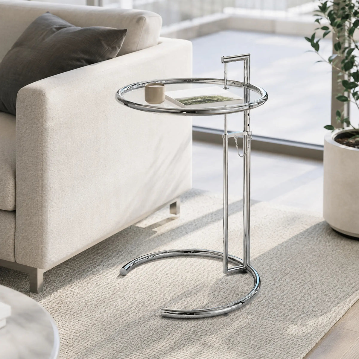 LIVARA Adjustable Glass Side Table Tempered Glass Top Stainless Steel Frame Tool Free Height Adjustment for Living Room Bedroom Balcony