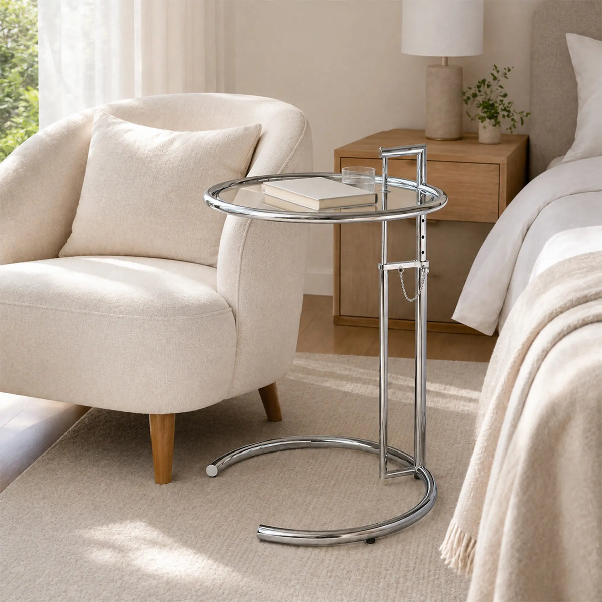 LIVARA Adjustable Glass Side Table Tempered Glass Top Stainless Steel Frame Tool Free Height Adjustment for Living Room Bedroom Balcony
