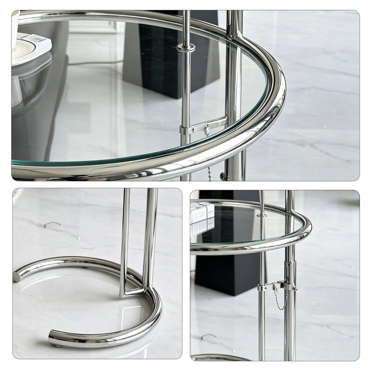 LIVARA Adjustable Glass Side Table Tempered Glass Top Stainless Steel Frame Tool Free Height Adjustment for Living Room Bedroom Balcony